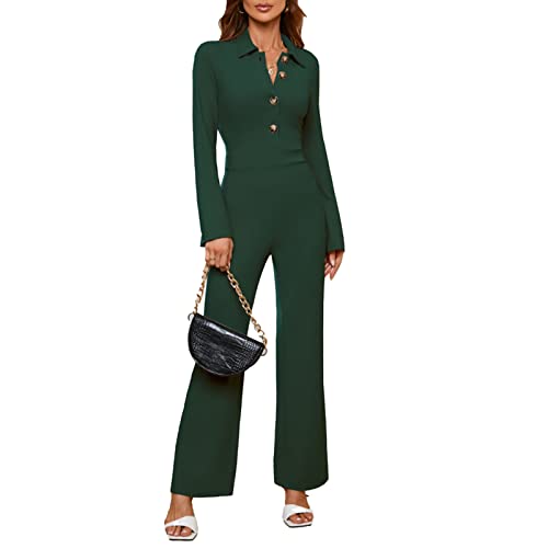 Cocoarm Jumpsuit Damen Langarm Overall Elegant Umlegekragen Playsuit Casual Lang Romper Knopf Oberteile Gerade Beinhose Lässiger Hosenanzug(L-Grün) von Cocoarm