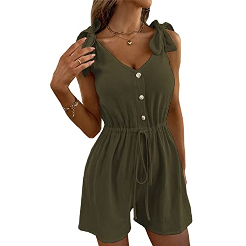 Cocoarm Jumpsuit Damen Sommer ärmellos Overall mit Schulterbindung und Kordelzug V-Ausschnitt Einfarbig Kurzer Strampler Knopfleiste Weite Beine Spielanzug(3XL-OD-Grün) von Cocoarm