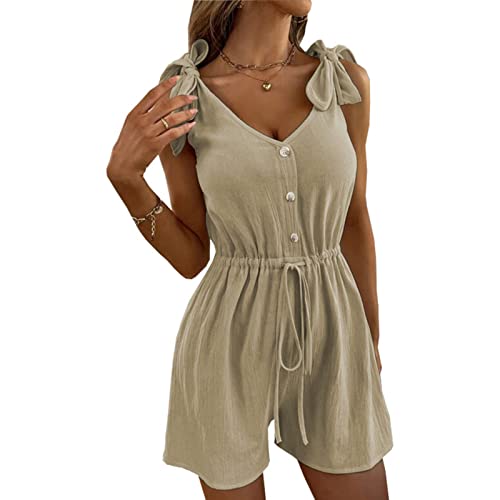 Cocoarm Jumpsuit Damen Sommer ärmellos Overall mit Schulterbindung und Kordelzug V-Ausschnitt Einfarbig Kurzer Strampler Knopfleiste Weite Beine Spielanzug(XL-Khaki) von Cocoarm