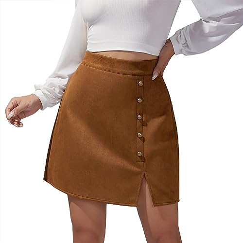 Cocoarm Minirock mit Metallschnalle für Damen, Schlitzrock, Hohe Taille, Bequem, Wildleder, Polyester, Figurbetont, für Herbst und Winter (L) von Cocoarm