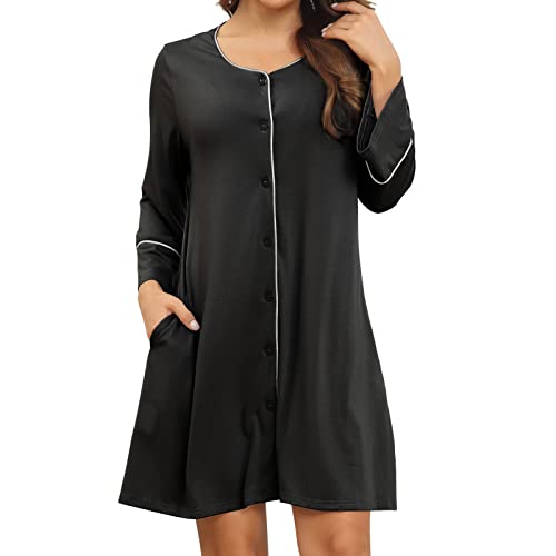 Nachthemd Damen Rundhalsausschnitt Nachtkleid Nachtwäsche mit Knöpfe Schlafanzug Pyjama mit 3/4 Ärmel Pyjamakleid(m-Schwarz) von Cocoarm