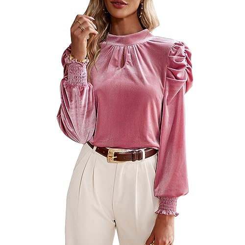 Cocoarm Samt-Langarm-Top, Bluse, Damen, Rundhalsausschnitt, Gerüschte Schultern, Ärmelshirt, Enge Bündchen, Pullover-Top (L) von Cocoarm