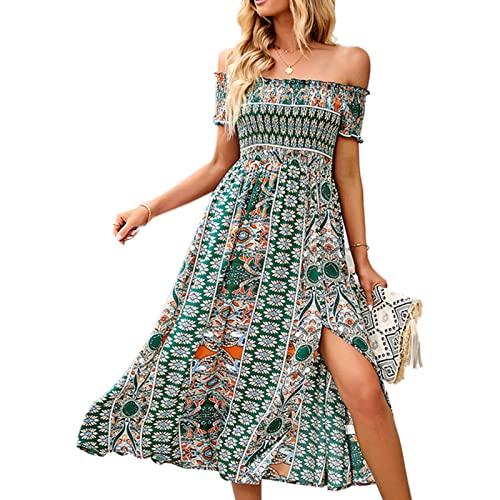 Cocoarm Sommerkleid Damen Sommer Schulterfreies Kleid Maxi Kleider Strandkleid Wickelkleid Ärmellos Blumenkleid Boho Drucken Casual Partykleid Strandkleider Schlitz Freizeitkleid Lang Kleid(L-Grün) von Cocoarm