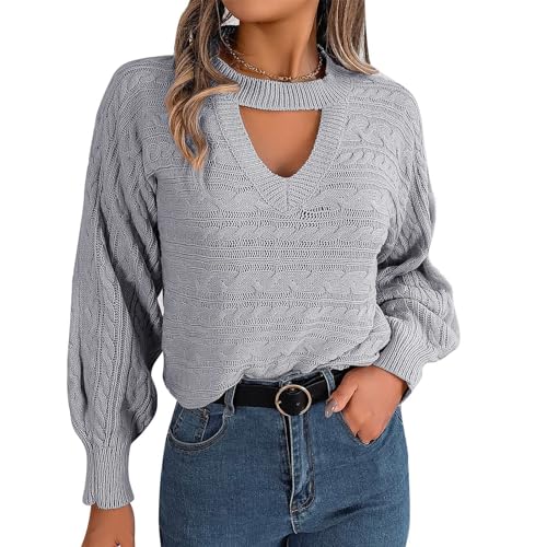 Cocoarm Stilvoller Damen-Pullover mit Langen Laternenärmeln und Zopfmuster mit Cut-out-Ausschnitt (M) von Cocoarm