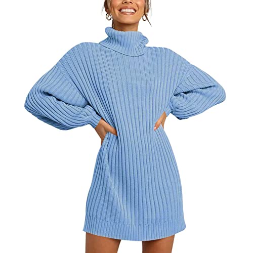 Cocoarm Strickkleid Damen Pulloverkleid mit Langes Laternen Ärmel Elegant Rollkragenpullover Pulli Strickpullover Knielangen Casual Pullover Warm halten Winter Pullikleid (L-Hellblau) von Cocoarm