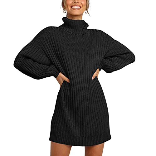 Cocoarm Strickkleid Damen Pulloverkleid mit Langes Laternen Ärmel Elegant Rollkragenpullover Pulli Strickpullover Knielangen Casual Pullover Warm halten Winter Pullikleid (M-Schwarz) von Cocoarm