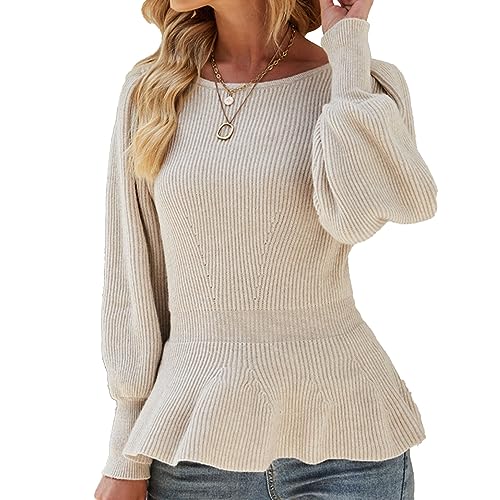 Cocoarm Taillengeraffte Pullover für Damen, Langes Strickoberteil mit Puffärmeln, Damenpullover mit Rundhalsausschnitt, Modischer Pullover mit Rüschensaum (M) von Cocoarm