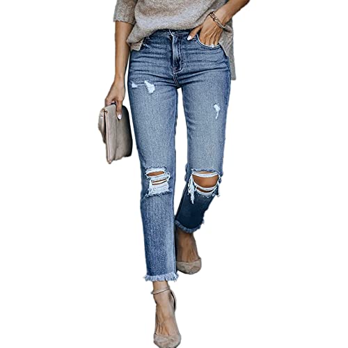 Cocoarm Zerrissene Jeans für Damen mit Mittlerer Taille, Dehnbare, Schmale Denim-Hose, Knopf- und Reißverschluss, Zerrissene Jeans mit Taschen (M) von Cocoarm