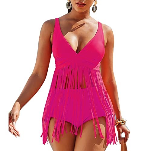 Cocoarm Zweiteiliges Bikini-Set für Damen mit V-Ausschnitt, Spaghettiträger mit Fransen, Badeanzug, Baden, Surfen, Strandparty, Pool(M-Rose Pink) von Cocoarm
