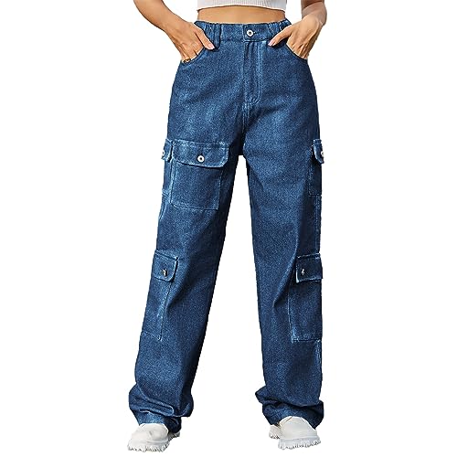 Damen Baggy Jeans Elastische Taille Lässig Lockere Denim Cargohose Fallschirmhose mit Taschen Hose (XXL) von Cocoarm