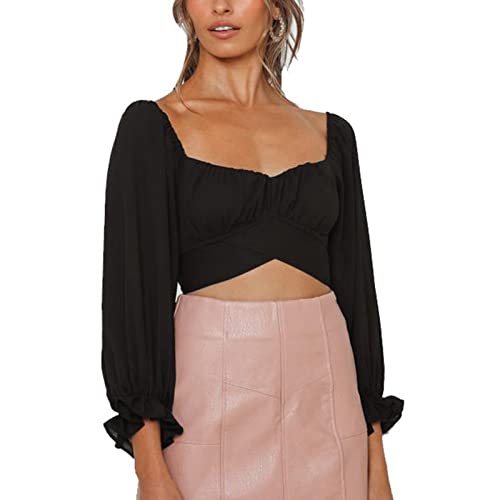 Damen Bauchfrei Oberteil Schulterfrei Rüschen Wrap Crop Top Langarmshirt mit Lange Puffärmel Bluse Binden Zurück Shirts für Party Freizeit(L-Typ 1) von Cocoarm