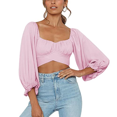 Damen Bauchfrei Oberteil Schulterfrei Rüschen Wrap Crop Top Langarmshirt mit Lange Puffärmel Bluse Binden Zurück Shirts für Party Freizeit(L-Typ 4) von Cocoarm