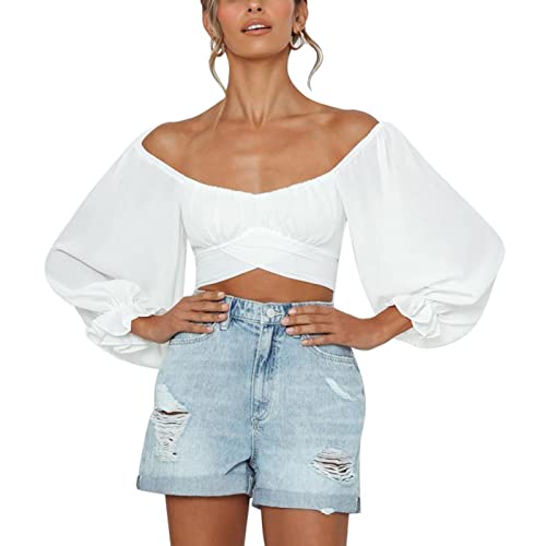 Damen Bauchfrei Oberteil Schulterfrei Rüschen Wrap Crop Top Langarmshirt mit Lange Puffärmel Bluse Binden Zurück Shirts für Party Freizeit(XL-Typ 2) von Cocoarm