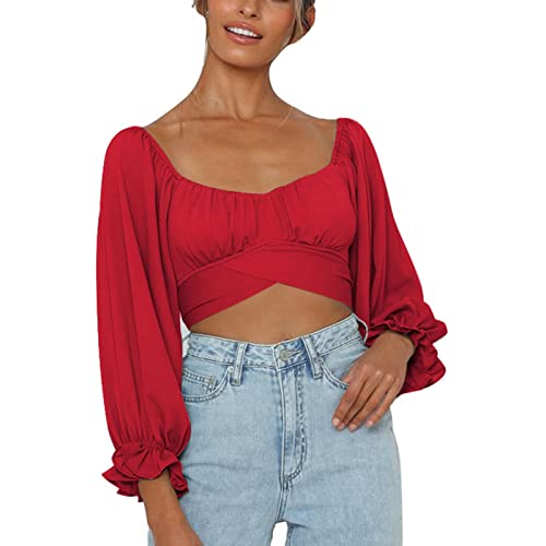 Damen Bauchfrei Oberteil Schulterfrei Rüschen Wrap Crop Top Langarmshirt mit Lange Puffärmel Bluse Binden Zurück Shirts für Party Freizeit(m-Typ 3) von Cocoarm