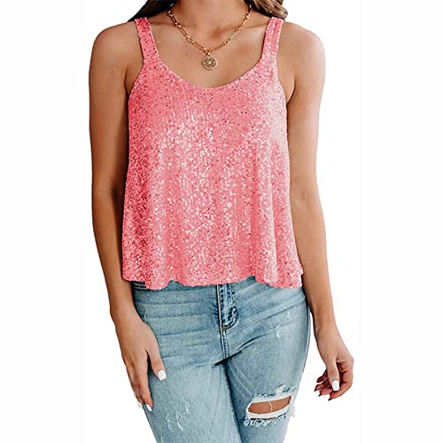 Damen-Bluse, ärmellos, Glitzernd, Camisole, Pailletten-Top, U-Ausschnitt, Tank-Top, T-Shirts, Lässige Weste (L) von Cocoarm