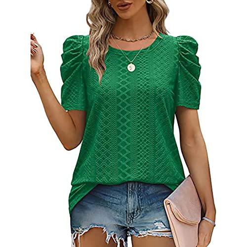 Damen Bluse Kurzarm Rundhalsausschnitt T Shirt Puffärmel Tunika Oberteil Reine Farbe Lose Tops Reine Farbe Freizeitbluse (L) von Cocoarm