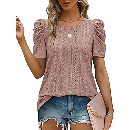 Damen Bluse Kurzarm Rundhalsausschnitt T Shirt Puffärmel Tunika Oberteil Reine Farbe Lose Tops Reine Farbe Freizeitbluse (M) von Cocoarm