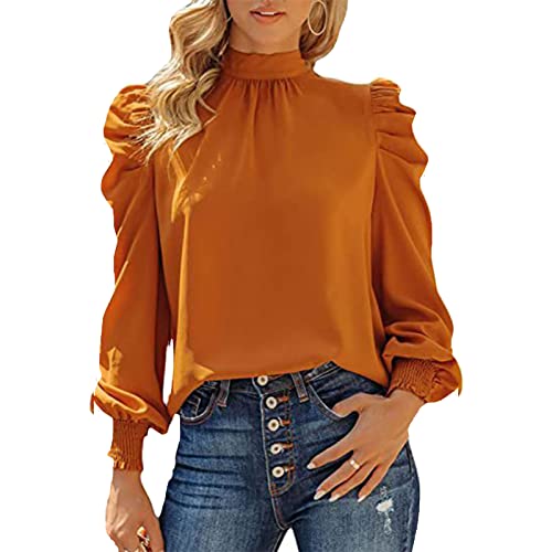 Damen Bluse Langarm Shirts mit Laternenhülle Elegante Lockere Lässige Top Reine Farbe Hemd Oberteil(L-Orange) von Cocoarm