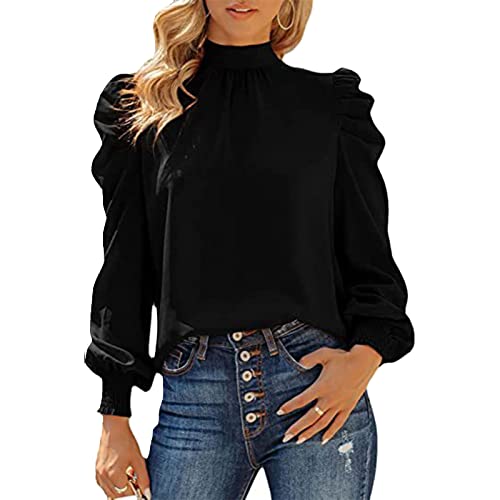 Damen Bluse Langarm Shirts mit Laternenhülle Elegante Lockere Lässige Top Reine Farbe Hemd Oberteil(L-Schwarz) von Cocoarm