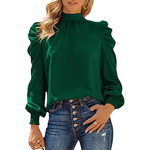 Damen Bluse Langarm Shirts mit Laternenhülle Elegante Lockere Lässige Top Reine Farbe Hemd Oberteil(XL-Grün) von Cocoarm