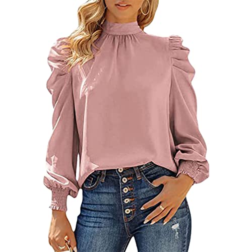 Damen Bluse Langarm Shirts mit Laternenhülle Elegante Lockere Lässige Top Reine Farbe Hemd Oberteil(XXL-Rosa) von Cocoarm