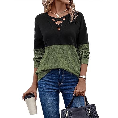 Damen-Bluse mit Tiefer Schulterpartie, Basic-Top, überkreuzter V-Ausschnitt, Elegante Langarm-Pullover-Shirts mit Farbblockierung (XL) von Cocoarm