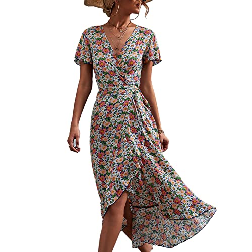 Damen Böhmisch Kleider Sommerkleider V-Ausschnitt Kleider Strandkleid Blumenkleid A-Linie Skaterkleid Elegant Blumen Lang Kleid Kurzarm MaxiKleid Partykleid(L-Blau Rosa) von Cocoarm