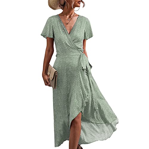 Damen Böhmisch Kleider Sommerkleider V-Ausschnitt Kleider Strandkleid Blumenkleid A-Linie Skaterkleid Elegant Blumen Lang Kleid Kurzarm MaxiKleid Partykleid(L-Grün) von Cocoarm