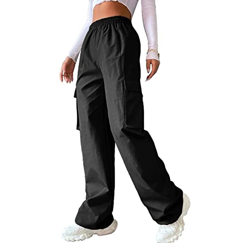 Damen Cargohose Hohe Taillen Jogginghose Gerade Hosen Bequem Arbeitshose Wanderhose Casual Outdoor Lange Hose Damenhose(L-Schwarz) von Cocoarm