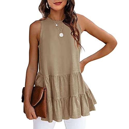 Damen Casual Ärmelloses T-Shirt Runder Kragen Sommer Casual Tank Top Lose Oberteile mit Rüschensaum A-Linie Bluse Longshirt Lässiges Hemd(XXL-Khaki) von Cocoarm