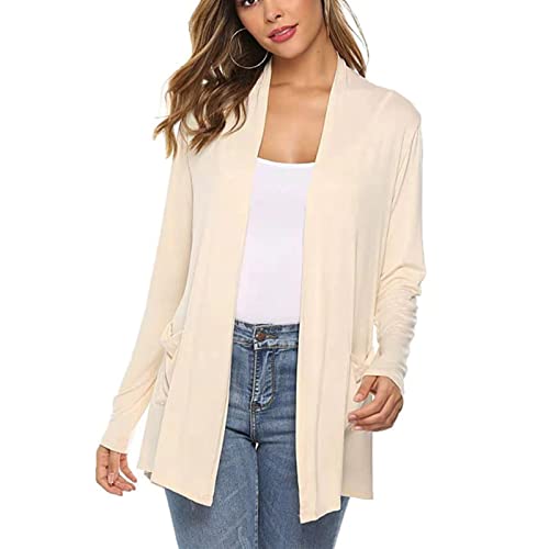 Damen Casual Cardigan Langarm Einfarbig Strickjacke Open Front Pulllover Top Lightweight Outwear Loose Mantel Sweater Strickpulli Streetwear Frühling (L-Beige) von Cocoarm