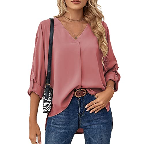 Damen Casual Chiffon Bluse Langarm V-Ausschnitt Tunika Elegant T-Shirt Casual Loose Fit Shirts Top Lose Einfarbig Oberteile Hemdbluse(m-Rosa) von Cocoarm