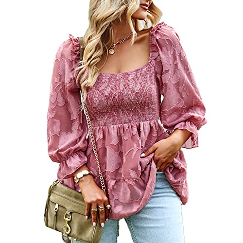 Damen Casual T Shirt eckigen Ausschnitt Langarm Puffärmel Oberteile Einfarbig Tops Rückenfrei Elegant Bluse Hemd Spitze Tunika mit Rüschensaum(L-Rosa) von Cocoarm