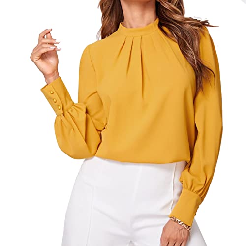 Damen Chiffon Bluse Casual Oberteile Klein Stehkragen Langarm Shirt Tops Elegant Hemd Plissee Tunika Freizeitbluse Hemdbluse(L-Gold) von Cocoarm