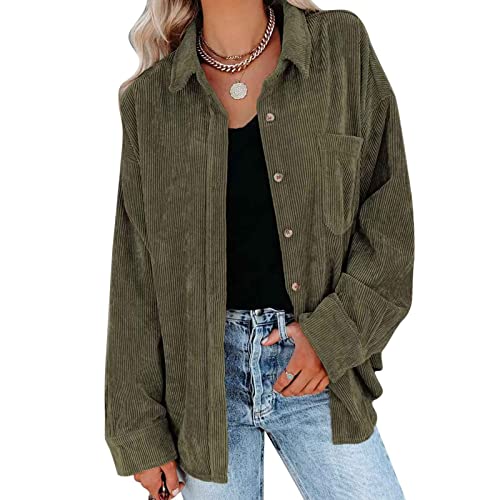 Damen Cordhemd Cordjacke Frauen Langarm Revers Bluse Hemd Einfarbig Shirts Tops Casual Oberteil Loost Fit Tuniken Freizeitbluse Streetwear mit Taschen und Knopfverschluss(L-OD-Grün) von Cocoarm