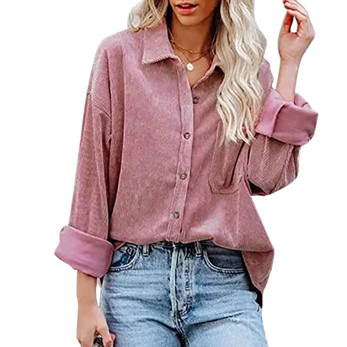 Damen Cordhemd Cordjacke Frauen Langarm Revers Bluse Hemd Einfarbig Tops Casual Oberteil Loost Fit Tuniken Freizeitbluse Streetwear mit Taschen und Knopfverschluss(S-Rosa) von Cocoarm