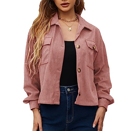 Damen Cordjacke Herbst Winter Brusttaschen Langarmjacke Reine Farbe Einreihige Freizeitjacke (XL) von Cocoarm