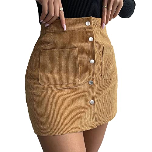 Damen Cordrock Herbst Minirock A Linie Kurzrock Hohe Taille Schmale Passform Wickelrock mit Knopf und Taschen für Herbst Winter(XL-Ingwer) von Cocoarm