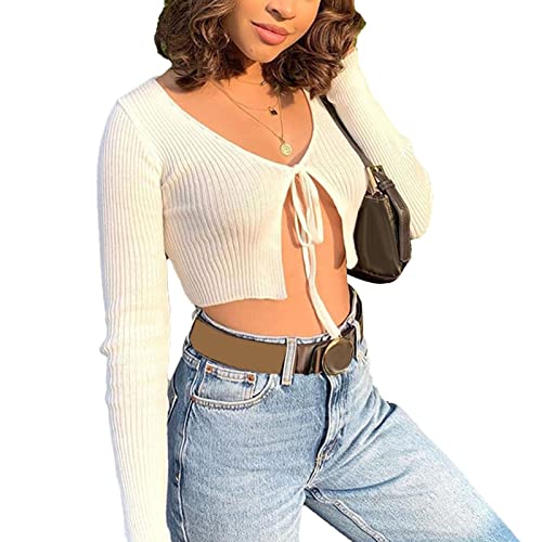 Damen Crop Top Cardigan Kurzarm Bauchfrei Oberteile kurz Damen sexy Top Kurzarm zum binden Schnürung Solide Sommer Tops Camisole mit schleifen Vorne Schnüren Bolero (S) von Cocoarm