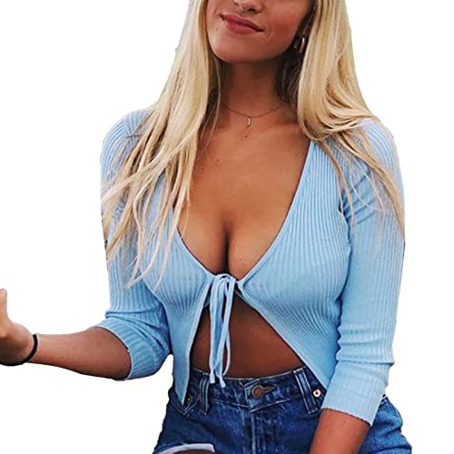 Damen Crop Top Cardigan Kurzarm Schnürung Solide Sommer Tops Bauchfrei Oberteile kurz Damen sexy Top Kurzarm zum binden Vorne Schnüren Bolero Camisole mit schleifen (S) von Cocoarm