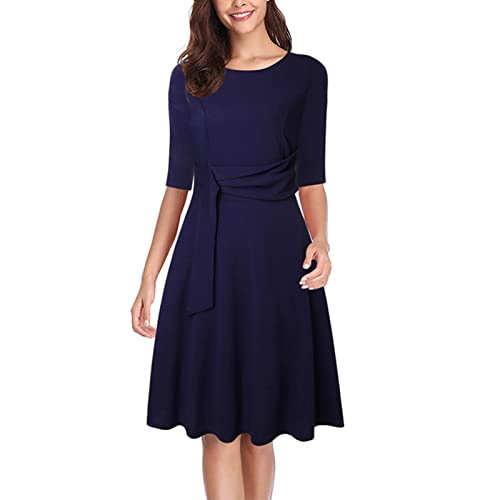 Damen Elegant Freizeitkleid Rundhals Halbe Ärmel Fließender Swingkleid A-Linien Kleid Lässig Tunikakleid Partykleid Cocktailkleid mit Rüschensaum(S-Navy blau) von Cocoarm