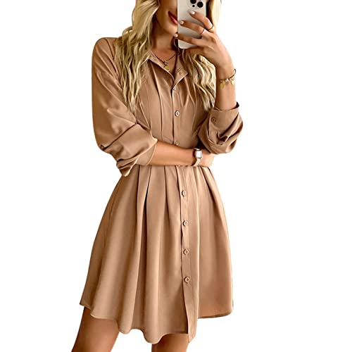 Damen Elegantes Blusenkleid Knielang Langarm Revers Tunikakleid Taillenstraffung Hemdkleid Shirtkleid Einfarbig Freizeitkleid Lässig Locker Minikleid mit Lockerer Saum und Knopf(L-Khaki) von Cocoarm