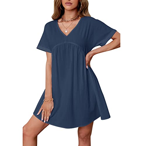 Damen Freizeitkleid Sommerkleid V-Ausschnitt Kurzarm Kleid Reine Farbe Loses Kleid Stilvolle Fledermausärmel A-Linie Kleid Weiches, Atmungsaktives Freizeitkleid (XL) von Cocoarm