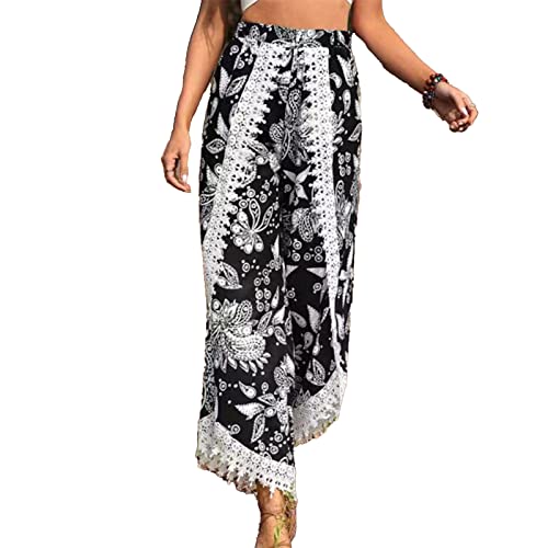 Damen Geradem Bein Hose Boho Lange Hosen mit Schlitz Lockere Weites Bein Yogahose Sommerhose Bedruckte Hosen mit Spitzenbesatz weites Bein Palazzo Hose Lose Freizeit Strandhose (M) von Cocoarm