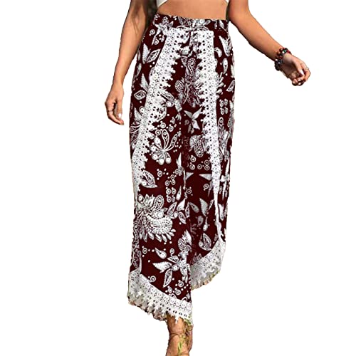 Damen Geradem Bein Hose Boho Lange Hosen mit Schlitz Lockere Weites Bein Yogahose Sommerhose Bedruckte Hosen mit Spitzenbesatz weites Bein Palazzo Hose Lose Freizeit Strandhose (XL) von Cocoarm