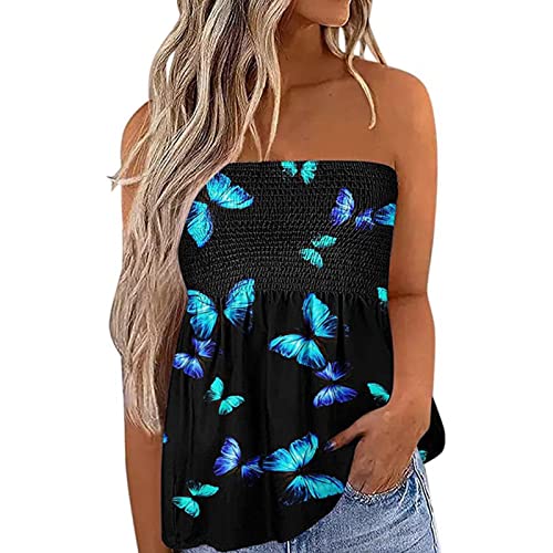 Damen Gesmoktes Röhrenoberteil Sexy Tank Top Ärmellos T-Shirt Spaghettiträger Rückenfrei Schulterfrei Blumendruck Tunika Plissee ärmelloses Schlankes Bluse Tops Sommer(L-Blauer Schmetterling) von Cocoarm