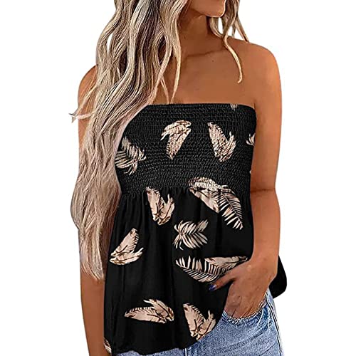 Damen Gesmoktes Röhrenoberteil Sexy Tank Top Ärmellos T-Shirt Spaghettiträger Rückenfrei Schulterfrei Blumendruck Tunika Plissee ärmelloses Schlankes Bluse Tops Sommer Weste(L-Schwarze Feder) von Cocoarm