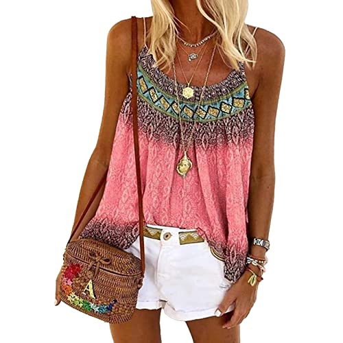 Damen Halfter Top Ärmellose Crewneck Bedruckte Shirt Spaghetti Strap Tank Top Lässig Lose Resort Style Oberteile (2XL) von Cocoarm