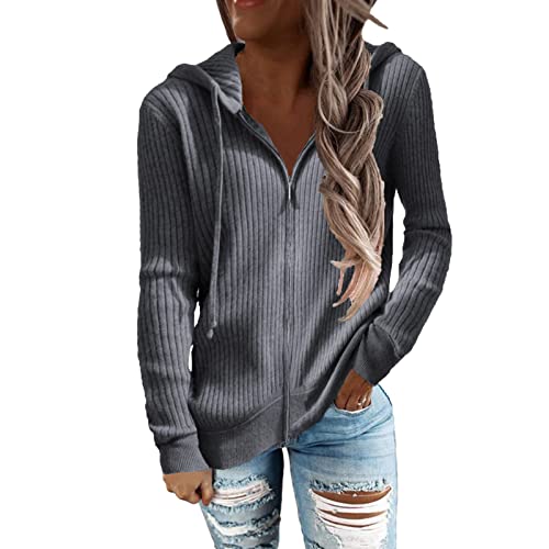 Damen Herbst Winter Rippstrick Langarm Hoodies Reißverschluss mit Kordelzug Lässige Lockere Strickjacke Outwear Mantel(S-Blau grau) von Cocoarm