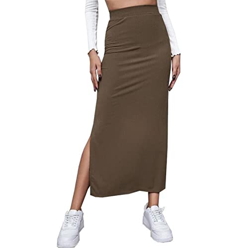 Damen Hohe Taille Hüfte Bodycon Langer Rock Schlitz Slim Fit Lässig Reine Farbe Rock für Shopping Holiday Party Hochzeit(L-Braun) von Cocoarm